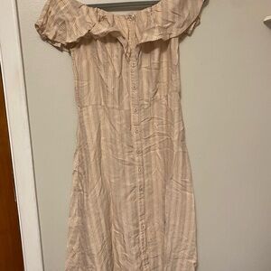 Beige Off-Shoulder Button-Down Dress